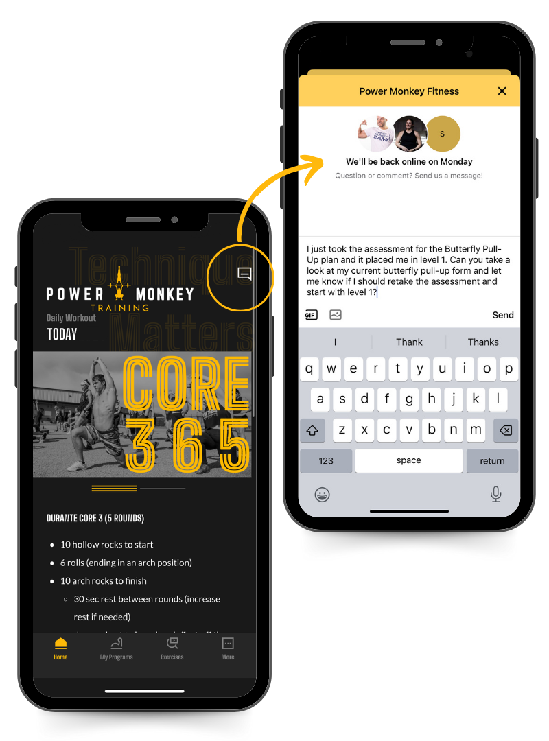 Phone image of the chat with us feature of the power monkey training app asking the coach about butterfly pull-ups.