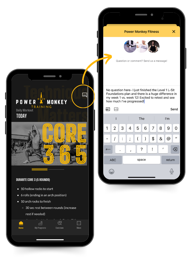 Phone image of the Chat with us feature in the Power Monkey Training App. A user is writing in and asking the coach about the L-Sit program.