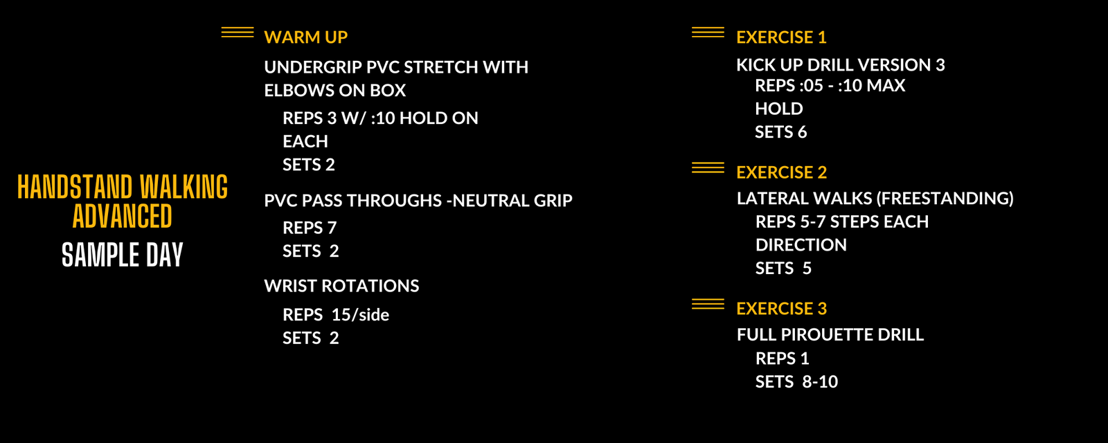 Sample day of the Handstand Walking Advanced Program from the Power Monkey Training App.